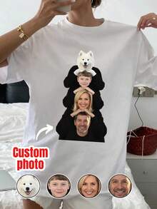 Personalized Custom Face T-Shirt, DIY Fun Pattern T-Shirt, Add Your Favorite Photos And Text (Photo/Couple Photo/Photo/Selfie/Pet Photo/Friend Photo) - White - View 1