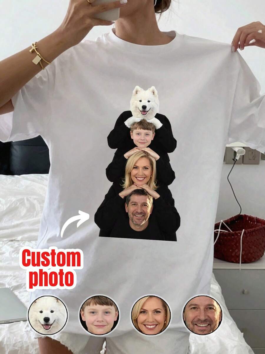 Personalized Custom Face T-Shirt, DIY Fun Pattern T-Shirt, Add Your Favorite Photos And Text (Photo/Couple Photo/Photo/Selfie/Pet Photo/Friend Photo) - White - View 1