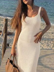 欧美风女士性感镂空针织吊带裙，修身包臀沙滩度假长裙 - 乳白色 - 查看 2