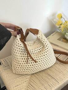 2026新款小众高端休闲沙滩度假草编大容量单肩斜挎包，春夏款 - 象牙色 - 查看 9