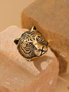 1 pieza Anillo de inoxidable chapado en oro de 18K con diseño de cabeza de tigre vintage, joyería de moda - Cabeza de tigre - Ver 20