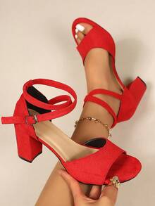 2026新款夏季女士中跟粗跟黑色凉鞋，学生百搭露趾单带罗马高跟鞋 - 紅色 - 查看 5