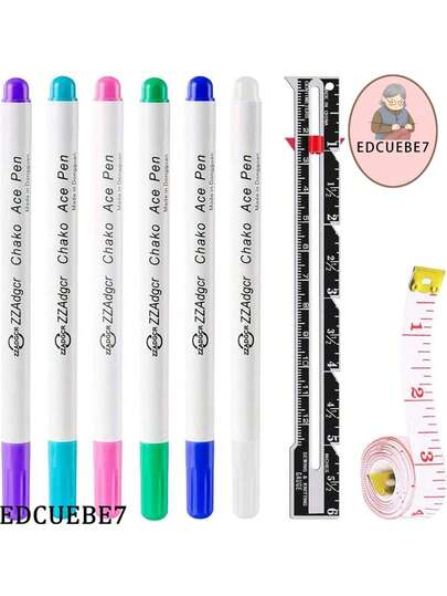 8 件/套：6 件水溶性可擦除织物标记笔 + 1 件铝制缝纫测量工具 + 1 件软伸缩尺，用于缝纫消失墨水笔、织物标记和描图工具（随机款式、随机颜色）