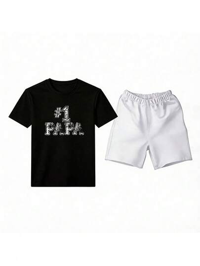 Conjunto masculino casual de dos piezas estilo minimalista con estampado #1 Papa en algodón ajuste holgado cuello redondo manga corta primavera verano uso familiar y diario set