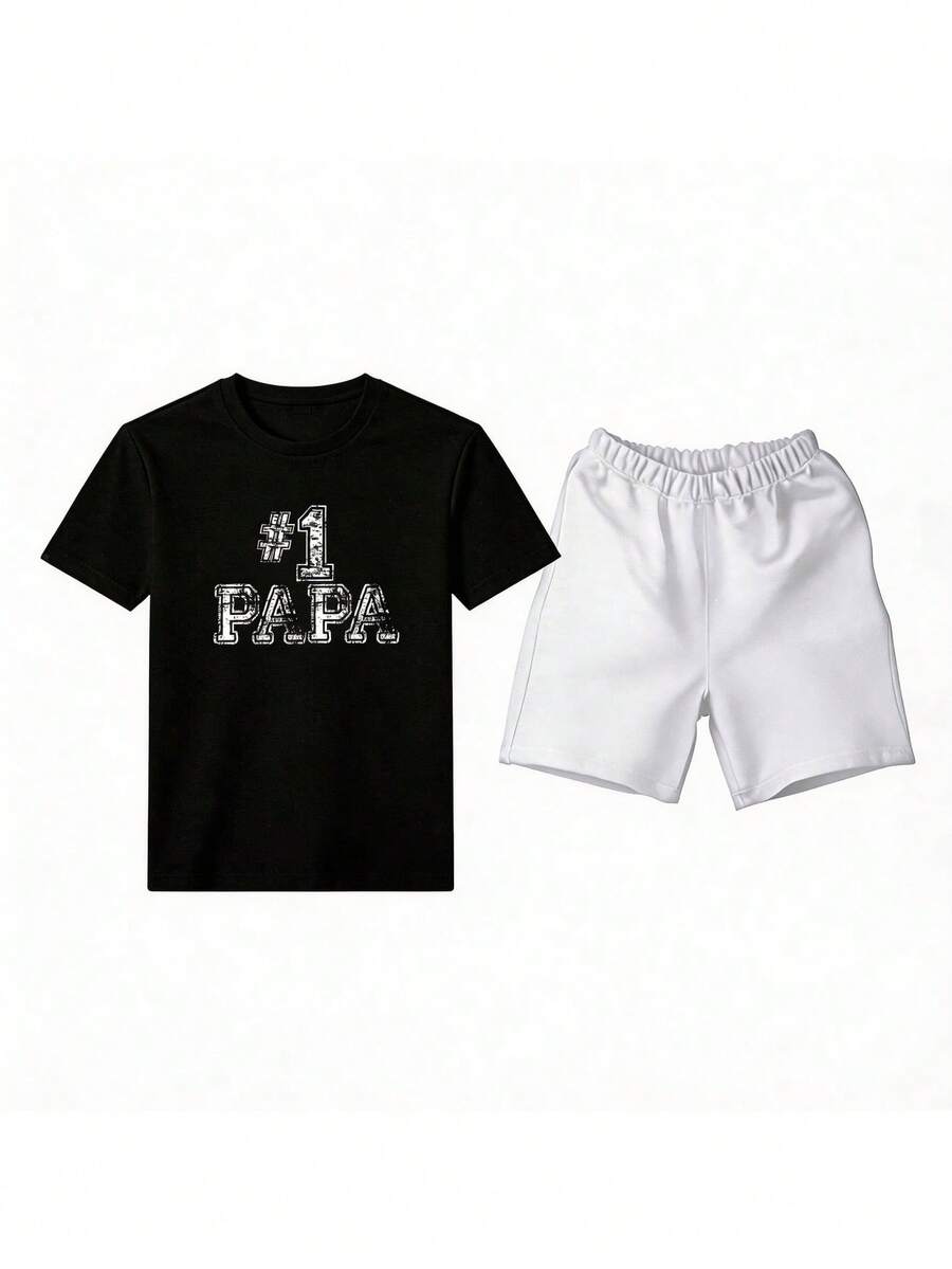 Conjunto masculino casual de dos piezas estilo minimalista con estampado #1 Papa en algodón ajuste holgado cuello redondo manga corta primavera verano uso familiar y diario set - Negro 1 - Ver 1