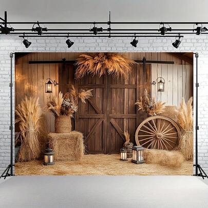 乡村谷仓门照片背景，配有马车轮和粗麻布，以及乡村主题室内背景横幅，适用于婚礼、生日、周年纪念日和母亲节，也非常适合用作各种节日的横幅背景。多种尺寸和场景可供选择。