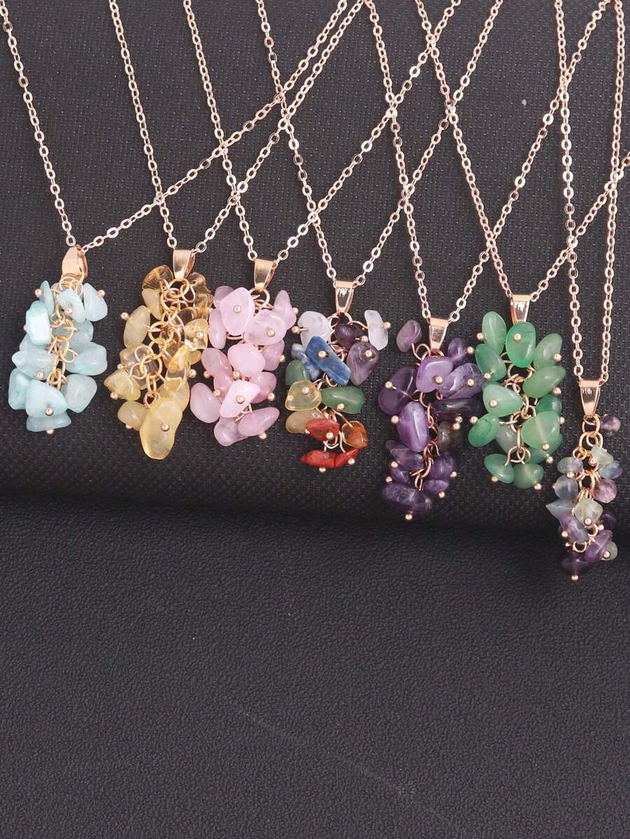 1件天然水晶石组合,包括绿松石、翡翠、黑曜石、粉晶、虎眼石、紫水晶、不对称形状珠子、复古手工吊坠、镀金项链,具有疗愈能量,波西米亚风格首饰 - 碎石彎針項鍊 - 查看 1