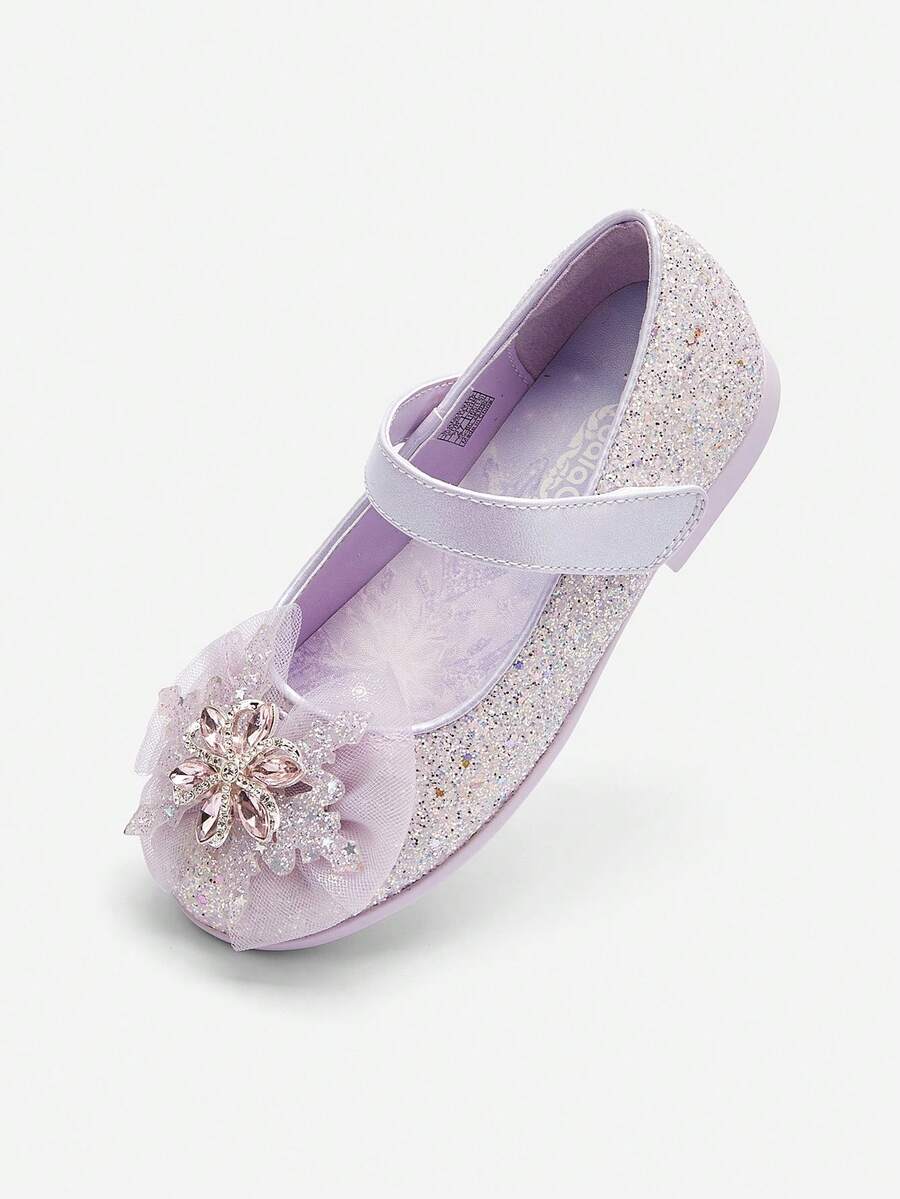 New Summer Girls' Princess Glitter Mary Jane Flats With Sparkly Rhinestone Bow Embellishment - Purple Blue - View 1