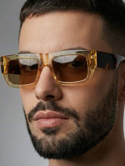 1 par de gafas de moda con diseño de contraste retro, marco cuadrado transparente de color té, de PC para hombres