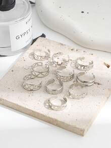 10pcs Star & Moon Open Toe Rings, Geometric Hollow Adjustable Beach Foot Jewelry Set - Silver - View 4