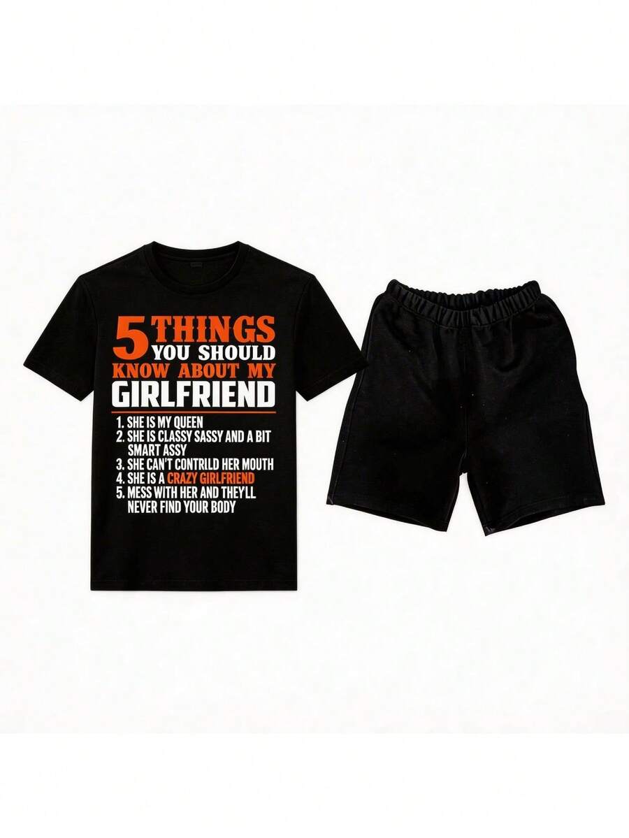 Conjunto para hombre estilo streetwear casual con estampado gráfico de texto divertido algodón cómodo ajuste holgado cuello redondo manga corta primavera verano uso diario set de playera y shorts - Negro 2 - Ver 1