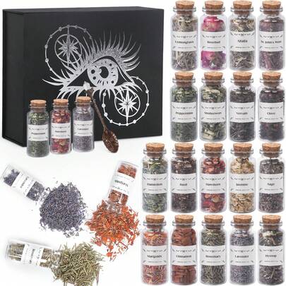 Witchcraft Supplies Herbs And Flowers Kit - Bigger Size 18pack 1.06oz Natural Dried Herbs Set With Crystals Spoon - Witchy Beginners Experienced Dried Herbs Box For Spells Ceremonies Room Altar Decor
