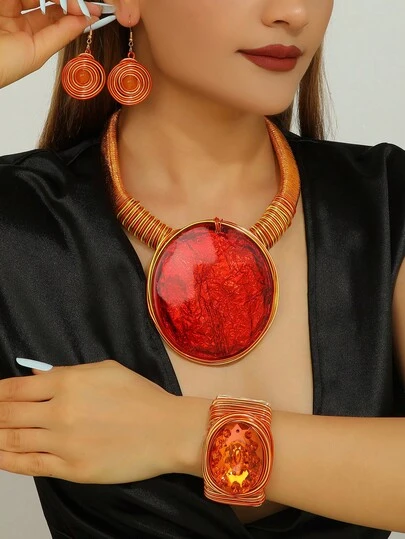 Exaggerated Multi-Layer Resin Crystal Pendant, Handmade Aluminum Wire Woven Beaded Necklace, Earrings, Bracelet, Fashionable Retro Style For Formal Events, Parties, Vacations, Inspired By European, African, Bohemian, Middle Eastern And Southeast Asian Designs