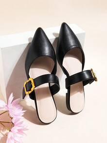 Black Pointed Toe Flat Mule Slip-On Sandals, Versatile Summer New Arrival, French Style - Black - View 4