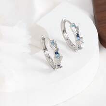 纯银防过敏女士耳环，镶嵌立方氧化锆双环蝴蝶耳环，时尚精致，适合作为生日礼物。 - 銀色 - 查看 2