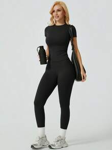 NcmRyu Women's Seamless Short Sleeved Long Pants Stretchable Waist Abdomen Control High Waist Training Fitness Equipment Collar Set Fitness Yoga Fitness Purple Buttock Lifting Outfit - 黑色 - 查看 1