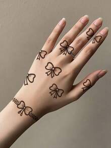 1pc Fashionable Waterproof Brown Henna Bowknot Temporary Tattoo, Cute Girl Design For Hand/Back, Lasting Fake Tattoo Sticker - 卡其色 - 查看 4