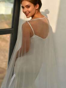 新娘披肩斗篷罩衫，优雅长款拖地柔软网纱披肩，轻薄新娘斗篷 - 彩色 - 查看 4