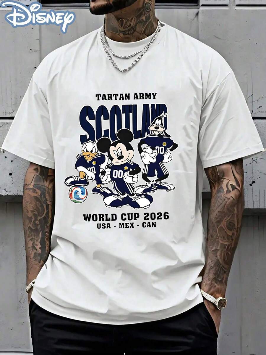 Disney Official Licensed Mickey Donald Goofy Scotland World Cup 2026 Print T-Shirt, 220g Casual Short Sleeve Crew Neck Soft Breathable Streetwear Top Gift For Men Women Teens - 白色 - 查看 1