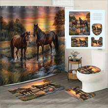 1/4pcs Creative Sunset Horse Drinking Water Pattern Shower Curtain Set, Bathroom Curtains, Including Non-Slip Rug, Toilet Mat, Bath Mat, Opaque Shower Curtain And 12 Durable Hooks, High-Quality Bathroom Decor And Accessories, Suitable For All Styles Of Home Furnishings - Nhiều màu - Xem 12