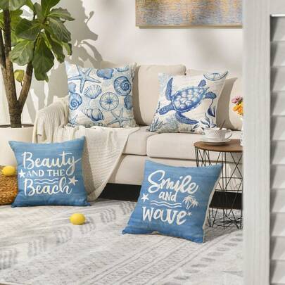 4pcs Summer Ocean Turtle Smiling Wave Throw Pillow Cover Set, Beach Beauty Coral Starfish Holiday Seasonal Decorative Cushion Cover