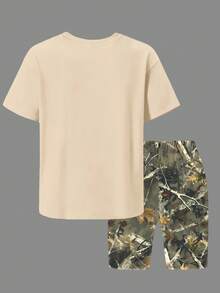 1 Set Girls T-Shirt And Shorts, Casual Street Style, Fashionable Outfit, Suitable For School, Vacation And Daily Wear, Spring/Summer New Outdoor Set - Apricot - View 4