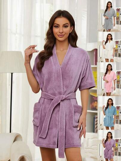 1pc Lightweight Flannel Bathrobe, Short Kimono Style Suitable For SPA And Bridesmaids, Women's Quick-Dry Soft Absorbent Bathrobe, Bathroom Essentials, Valentine's Day Gift