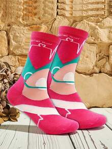 1 Pair Women's EKG & Doctor Graphic Mid-Calf Socks - Pink - View 2