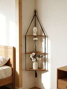 1 peça Prateleira de canto decorativa flutuante de parede em estilo boêmio preto, suporte triangular moderno para canto em estilo casa de campo com detalhes de contas e borlas, prateleira de armazenamento que economiza espaço para sala de estar, quarto, banheiro, cozinha, apartamento, dormitório, prateleira para plantas, estante de livros, decoração de parede para escritório em casa - Preto - Ver 3