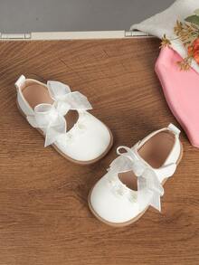 Fashionable White Bow Decor Pearl Inlaid Princess Shoes, Comfortable Non-Slip Wear-Resistant Minimalist Cute Style Girls' Shoes, Suitable For Daily Wear And Stage Performance - White - View 5