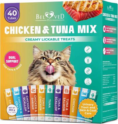 Beloved Pets Creamy Lickable Cat Treats & Wet Food Squeeze Tubes – Liquid Kitten Snacks, Urinary Tract Care, Skin & Coat Health, Multivitamin Treats For Cats, & Small Dogs, Lick Up 40 Sticks Tuna + Chicken Mix