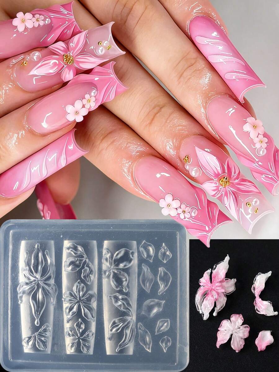 FULL BEAUTY 3D Blumen Schnitzform, Hibiskus & Lilie Blütendesign Nagelform, charmante Nail Art Dekoration, DIY handgemachtes Schnitz-Nagelwerkzeug, Nagelsalon Zubehör, Nail Art Lieferung - Transparent - Übersicht 1