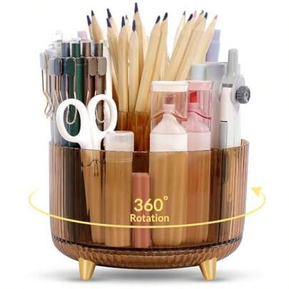 Rotating Pencil Pen Holder Pen Organizer With 5 Slots - Aesthetic Desk Organizer And Accessories For School Home Office Supplies Clear Tawny