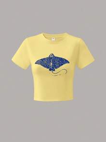 Girls' Soft & Comfortable Short Stingray Graphic T-Shirt, Casual Top For Summer - Yellow - View 7