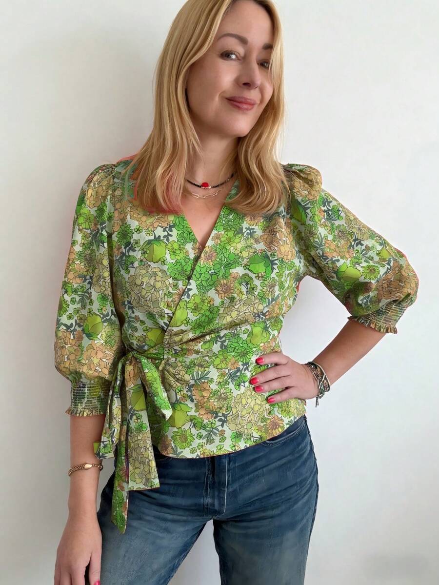 Women's Floral Print Wrap Blouse - Puff Sleeve Ruched Cuff Casual Top, Spring Summer Loose Fit Office Daily Shirt - 黃綠色 - 查看 1