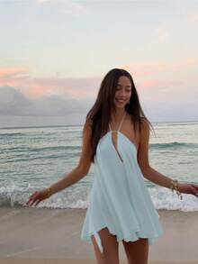 女士度假沙滩性感纯色露背吊带迷你连衣裙优雅派对夏季 - 淺藍色 - 查看 3