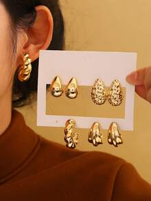 Set de 8 piezas de aretes con forma de gota dorados lindos para mujeres, accesorio de moda versátil para uso diario y de fiesta, excelente opción de regalo - Dorado - Ver 3