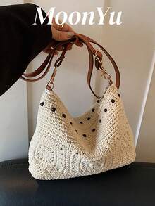 女士新月形编织单肩包，时尚优雅的米色度假包 - 米色 - 查看 1