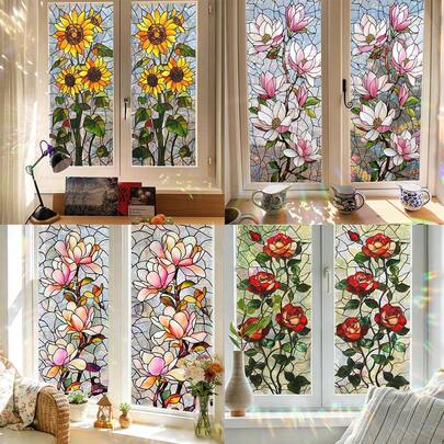 1/5 pezzi Pellicola adesiva per vetri con effetto vetro colorato a tema tulipani e girasoli, decorazione rimovibile con effetto arcobaleno per finestre, porte e bagni di casa