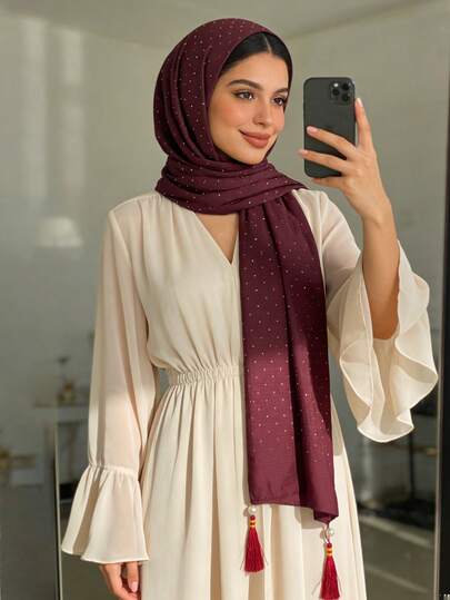 Rose & Tulip Embroidered Scarf, Satin Luxurious Muslim Hijab, Versatile Abaya Accessory, Shiny Lightweight Breathable Muslim Headscarf, Ideal For Photos, Limited Edition Solid Color Tassel Scarf, Satin Luxurious Muslim Headscarf, Essential For Gatherings And Dates,Beach,Holiday