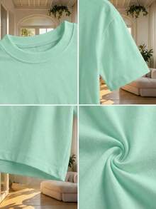 Blusa de mujer de corte holgado, cuello redondo, manga corta, casual, adecuada para primavera y verano, con estilo minimalista, elegante y sexy Y2K, apta para uso diario, oficina, hogar y exteriores, color negro - verde menta - Ver 8