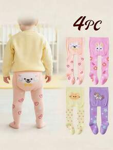 4pcs Kids/Girls Warm Leggings, Knitted Thermal Tights, Soft Stirrup Pantyhose With Cartoon Patterns, Autumn/Winter - Multicolor - View 9