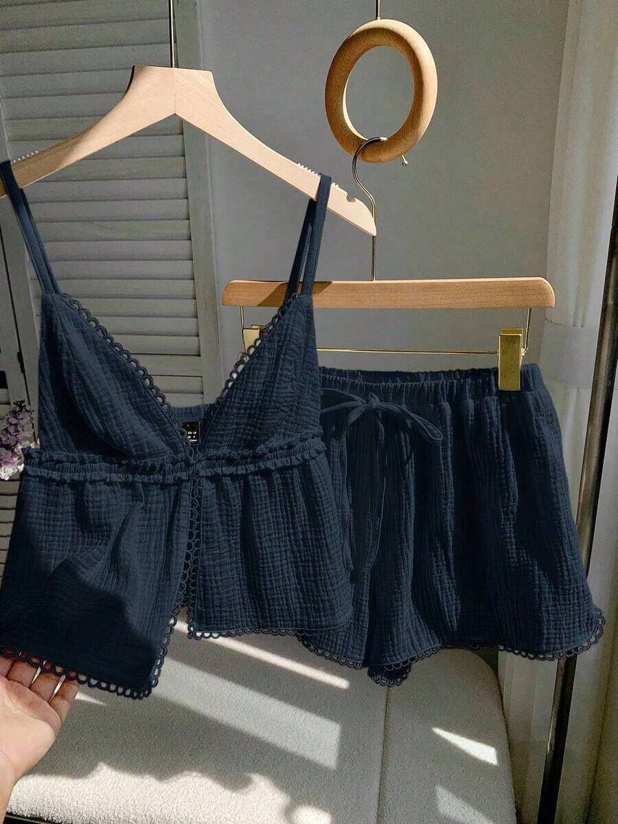 Women's Simple Casual Navy Blue 2 Pieces Set - 藏蓝色 - 查看 1