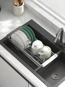 1 pieza Organizador de fregadero ajustable y extensible, rejilla de acero inoxidable para secar platos y utensilios, almacenamiento de vegetales y esponjas, rejilla de drenaje, rejilla para platos, estante de almacenamiento de cocina - Multicolor - Ver 2