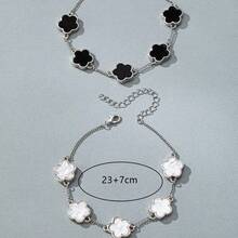 1pc Classic Black & White Clover Chain Bracelet Set (Single/Double Chain Options), Minimalist Fashion Suitable For Daily Wear - Black and White - View 7