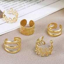 5 Peças Conjunto de Brincos Ear Cuff de Liga de Aço Inoxidável, Brincos de Cartilagem Falsa, Clipes de Orelha Ajustáveis Sem Piercing, Adequados para Férias, Uso Diário, Festa, Presente - Dourado - Visão 3