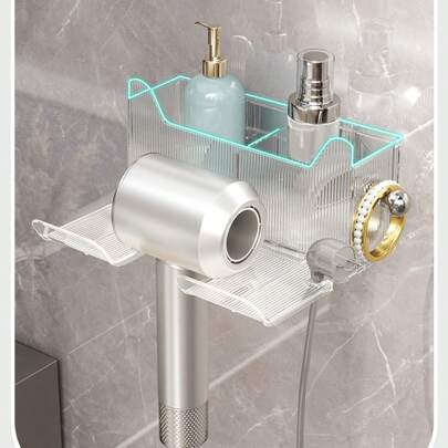 1pc Blow Dryer Holder Rack, No Drilling Required Bathroom Hair Dryer Mount Organizer, Wall Mounted Multi-Function Blow Dryer Storage Rack