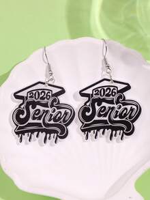 1 Pair Unique Creative Graffiti Painted 2026 SENIOR White Pearlescent Acrylic Earrings, Fashionable Personalized Earrings Suitable For Graduation Party Wear - Multicolor - View 1
