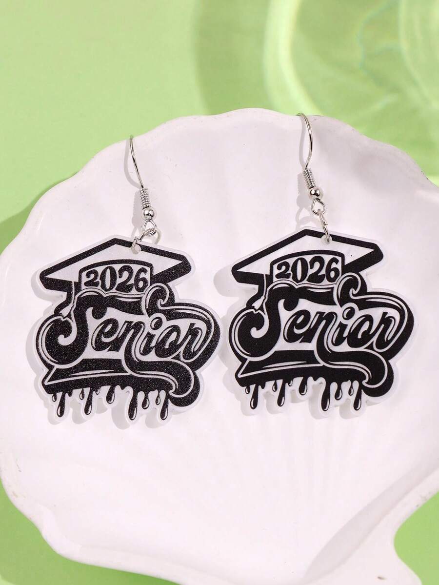 1 Pair Unique Creative Graffiti Painted 2026 SENIOR White Pearlescent Acrylic Earrings, Fashionable Personalized Earrings Suitable For Graduation Party Wear - Multicolor - View 1