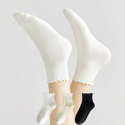 1/3 双装 女士新款春夏轻薄太阳系可爱透气纯色荷叶边短袜